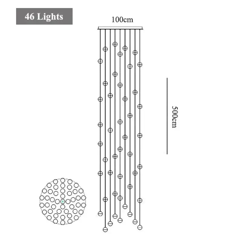 A modern decorbites crystal led chandelier with 46 spherical lights in vertical strands for living room pendant light
