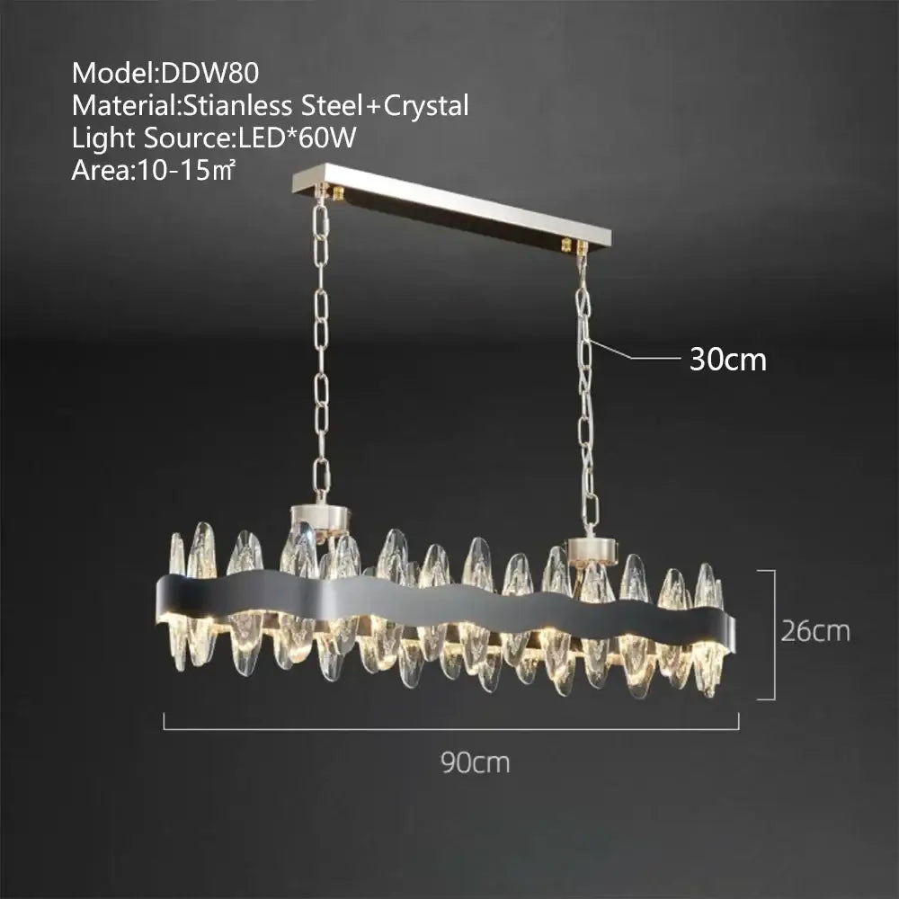 Modern decorbites crystal led chandelier with stainless steel frame crystal droplets and black wavy accent for living room