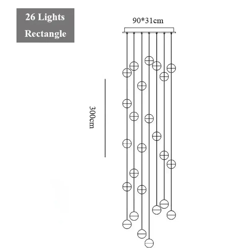 A modern decorbites crystal led chandelier features 26 spherical lights in a rectangular cascading design for living rooms
