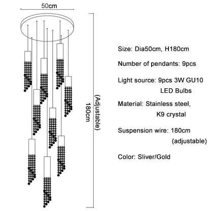 Silver and gold modern decorbites crystal led chandelier with nine k9 crystal pendants for luxury staircase lighting