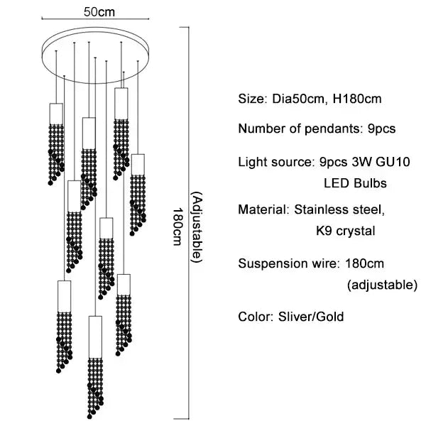 Silver and gold modern decorbites crystal led chandelier with nine k9 crystal pendants for luxury staircase lighting