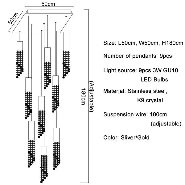 Silver and gold decorbites crystal led chandelier with nine stainless steel and k9 crystal pendants for luxury staircases