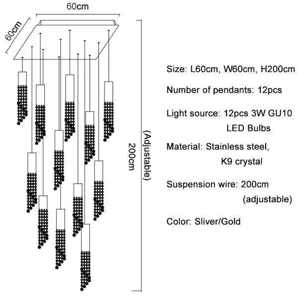 Silver and gold modern decorbites crystal led chandelier with 12 stainless steel and k9 crystal pendants for staircases