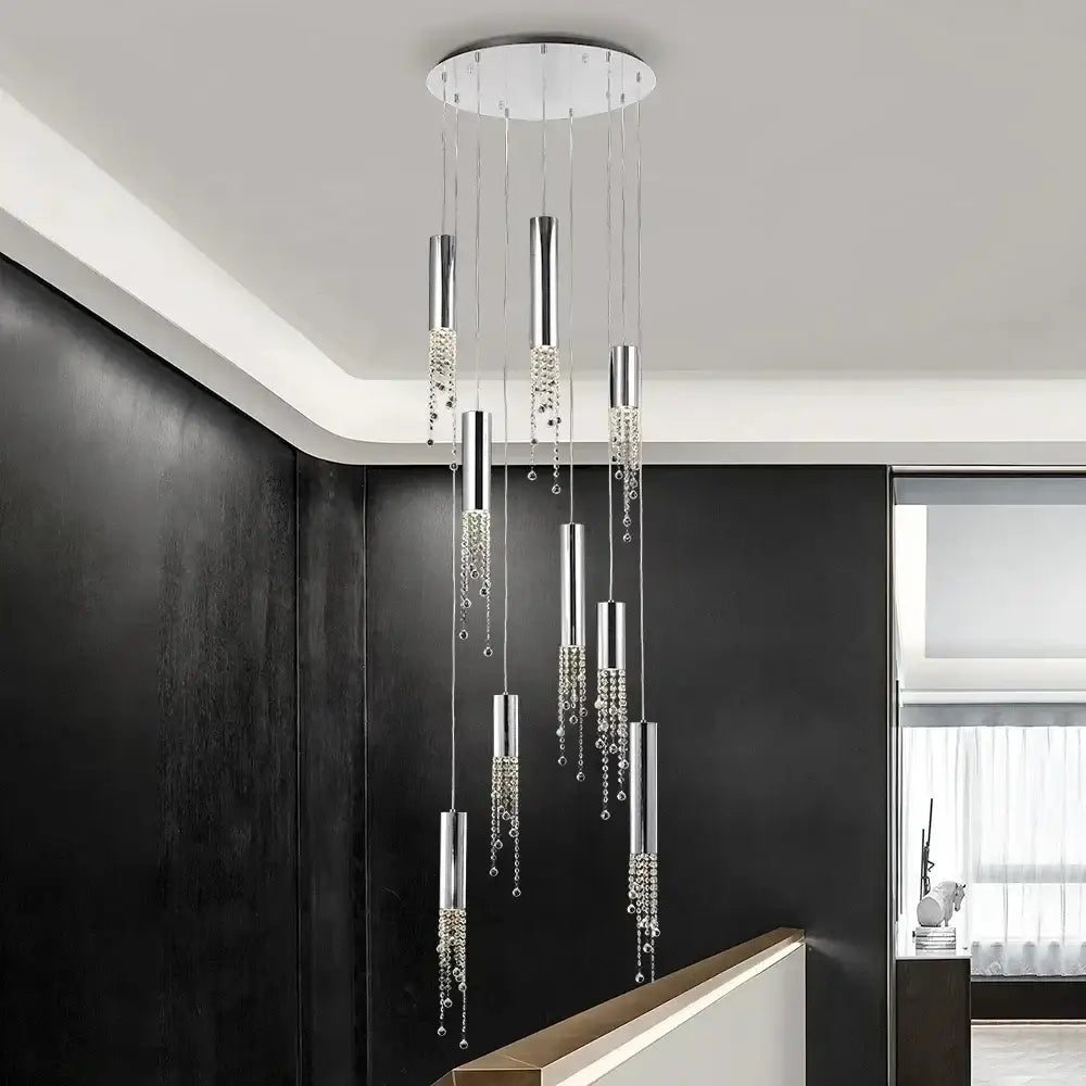 Modern chrome-finished cylindrical decorbites crystal led chandelier with cascading crystal beads for luxury staircase lighting