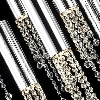 Modern decorbites crystal led chandelier with sleek chrome rods and cascading clear faceted crystal beads for staircase luxury light