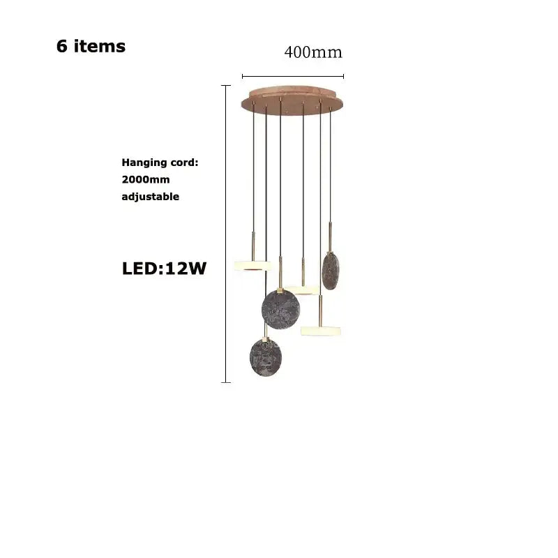 Modern decorbites deco wood and marble led chandelier with circular wooden mount and gray stone discs for dining room light