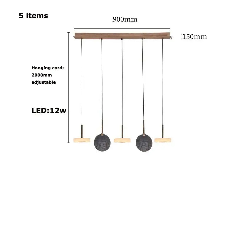 Modern decorbites deco wood and marble led chandelier with five adjustable black circular shades for dining room lighting