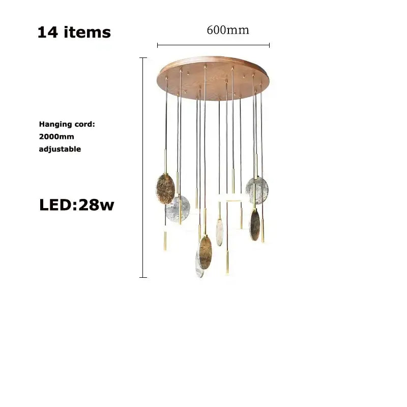 Modern decorbites deco wood and marble led chandelier featuring copper-toned discs and metallic rods for dining room light