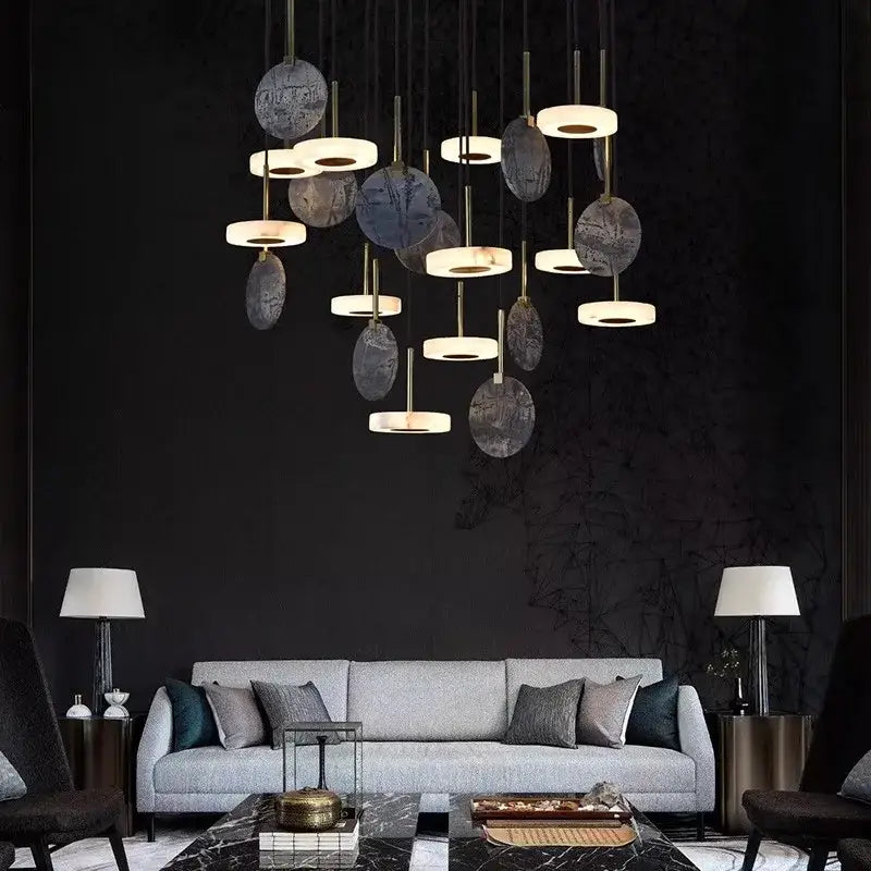 Modern decorbites deco wood and marble led chandelier with gray stone-like discs and brass-toned rods for dining room light