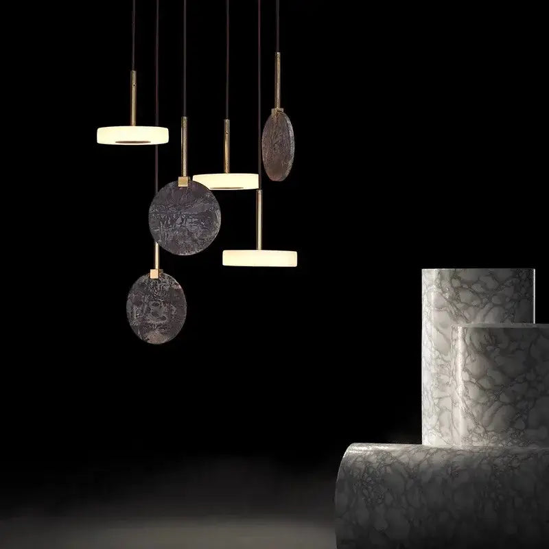 Modern decorbites deco wood and marble led chandelier with circular textured gray stone shades and gold metal fixtures