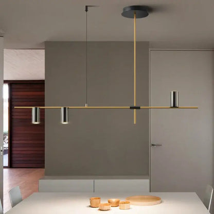 Modern decorbites designer black long chandelier with slender gold bar and three black metal shades for dining room lighting
