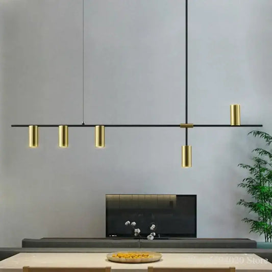 Modern decorbites designer black long chandelier featuring a sleek black bar with five gold cylindrical lights for dining rooms