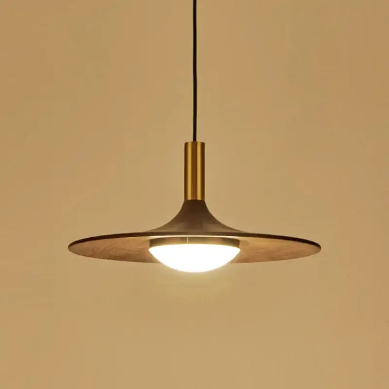 Modern decorbites flying saucer solid wood chandelier with a warm brass stem and wide saucer shade for bedroom light