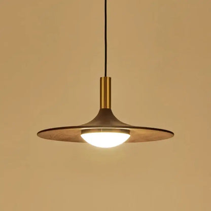 Modern decorbites flying saucer solid wood chandelier with a warm brass stem and wide saucer shade for bedroom light