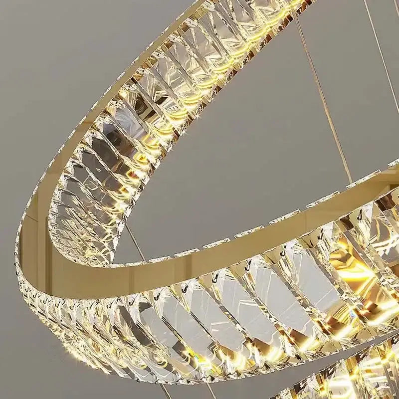 Modern decorbites gold rings crystal chandelier staircase pendant light with gold-toned cascading crystal prisms and led lighting