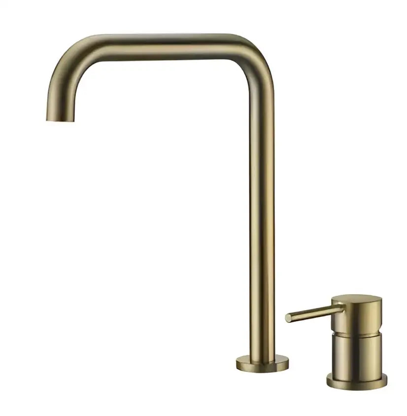 Modern decorbites gun grey rotating kitchen sink tap with a brass-finished sleek curved spout and minimalist design