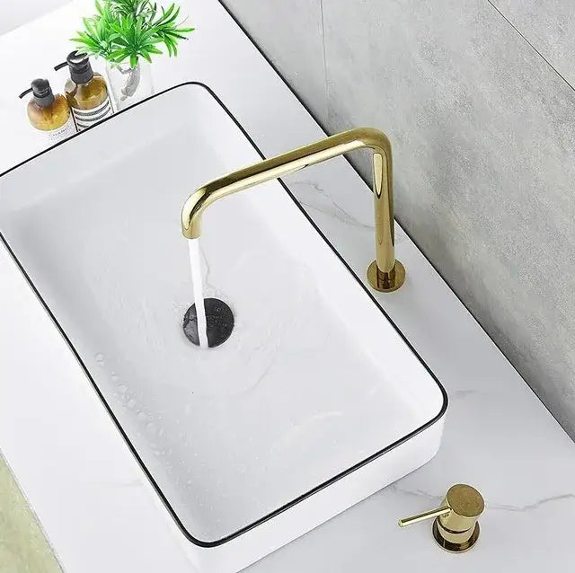 Modern decorbites gun grey rotating kitchen sink faucet with gold-toned sleek curved spout and polished finish