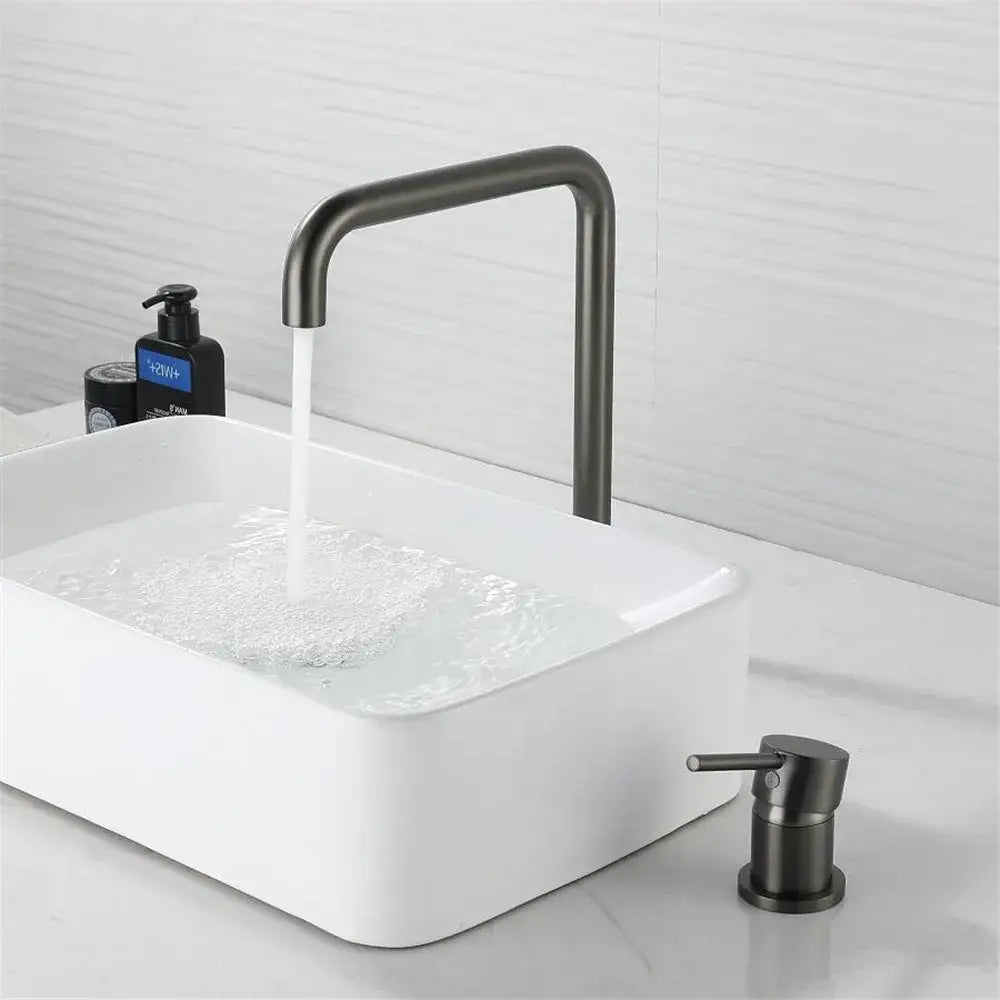 Modern decorbites gun grey rotating faucet with matte black curved spout and matching soap dispenser for kitchen sink