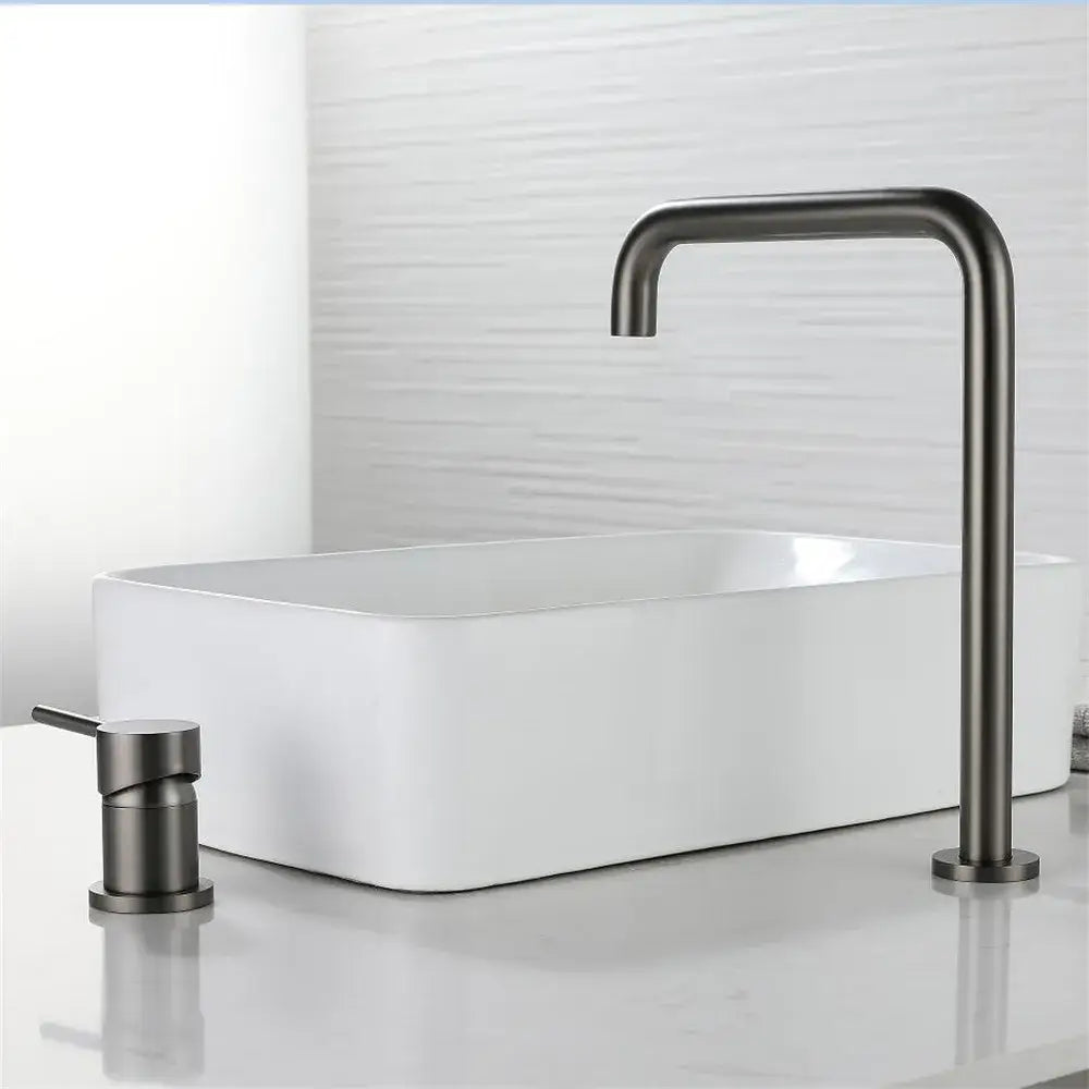 Modern decorbites gun grey rotating kitchen sink tap with matte black curved spout and matching cylindrical handle