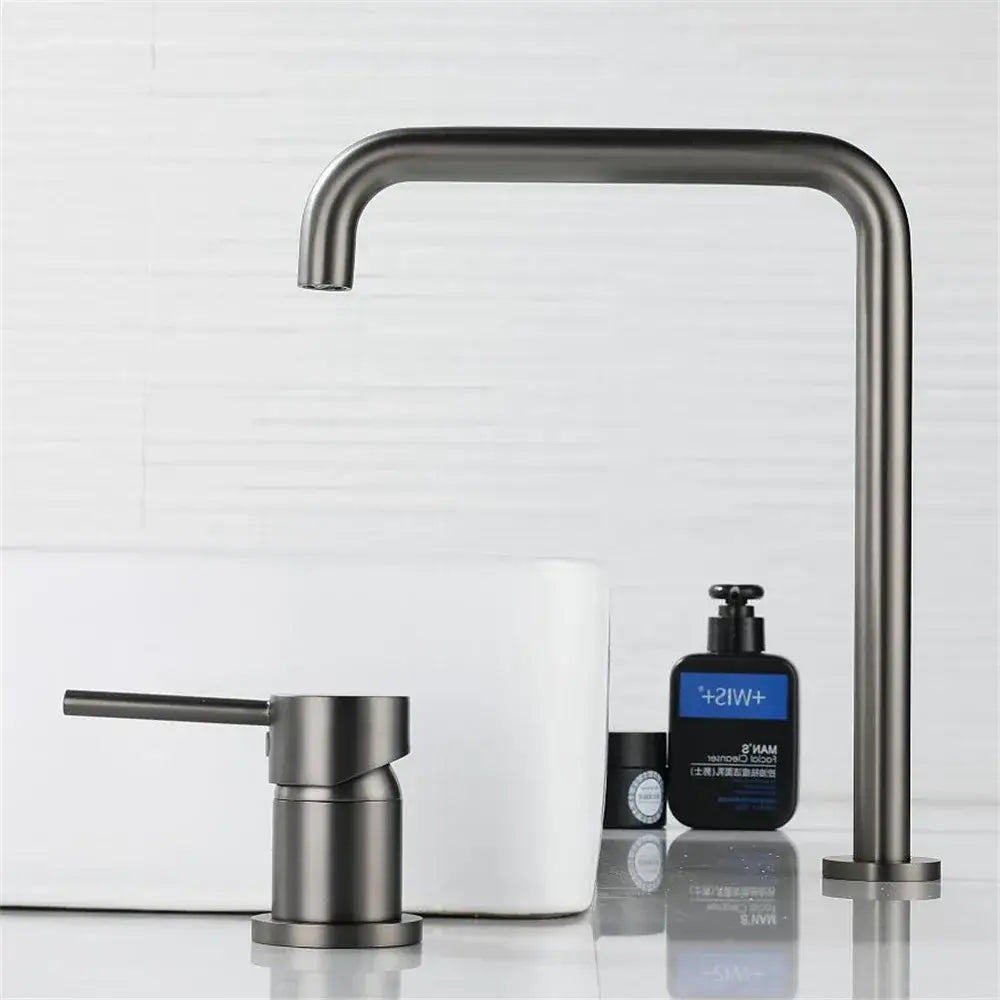 Modern decorbites gun grey rotating kitchen sink tap with matte black curved spout and minimalist design for bathroom use