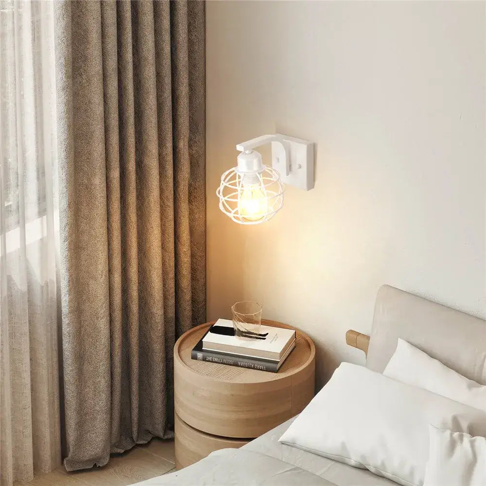 White wall lamp with decorbites iron white cage and exposed bulb for bedroom wood sconce lighting