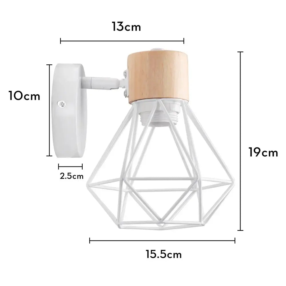 White geometric iron white cage wall lamp with light wood-finished top from decorbites ideal for bedroom use