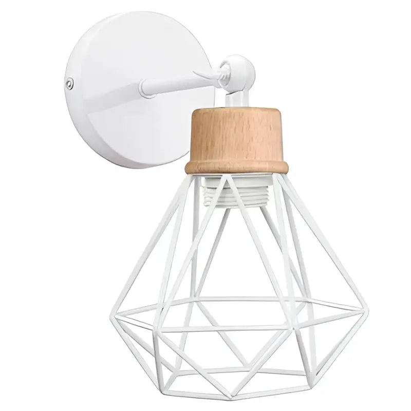 White wireframe iron white cage wall lamp with natural wood accent by decorbites for bedroom sconce lighting