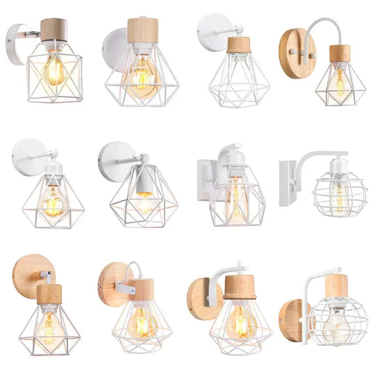 Modern decorbites iron white wall lamp featuring iron white cage design with natural wood accents and exposed filament bulbs