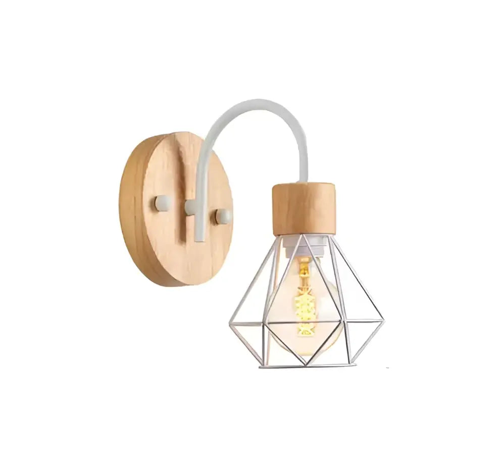 Modern decorbites iron white cage wall lamp with wood base white metal arm and exposed bulb for bedroom sconce