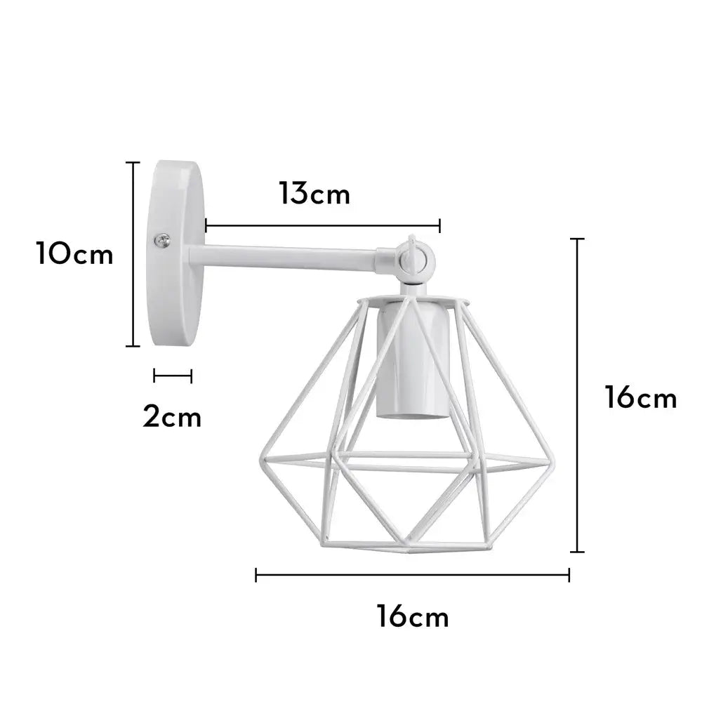 White geometric decorbites iron white cage wall lamp with diamond-shaped iron white cage design for bedroom wood sconce