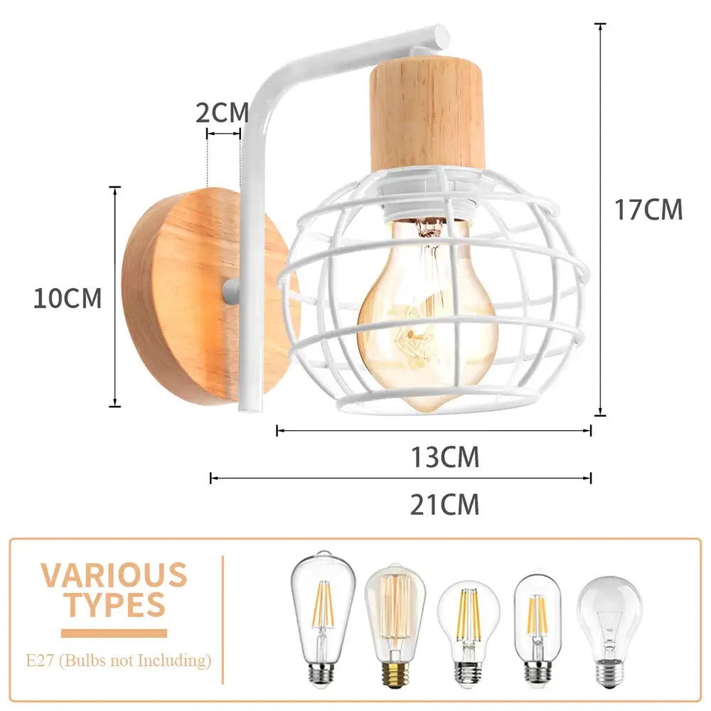 Modern decorbites iron white wall lamp with an iron white cage, natural wood backplate, and edison bulb holder