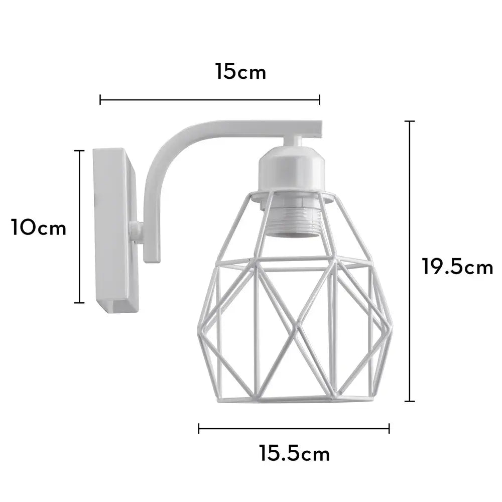 White metal wall lamp with a geometric iron white cage design by decorbites for modern bedroom wall sconce decor