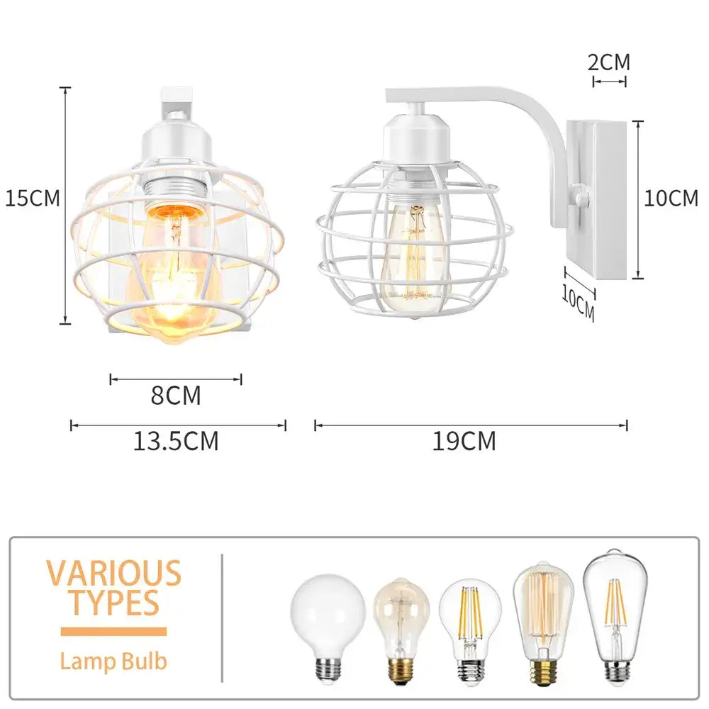 White metal iron white cage wall lamp with exposed edison bulb decorbites iron white wood sconce for bedroom
