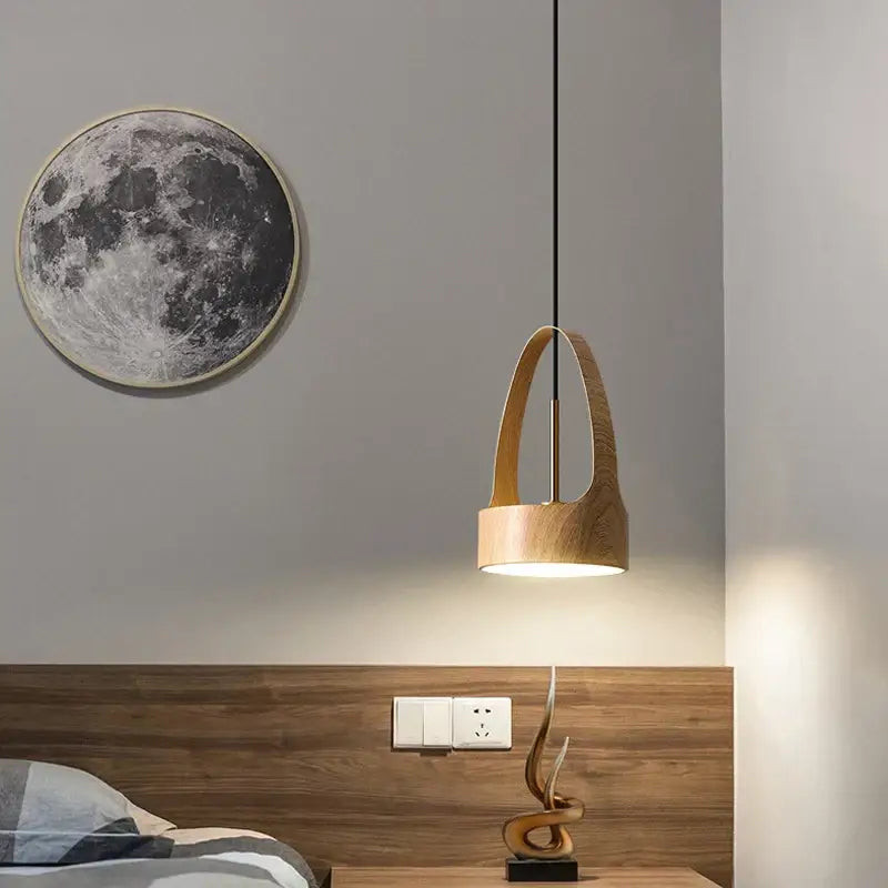 A warm-toned wooden decorbites led wood grain chandelier with sleek curved design for dining room pendant lighting