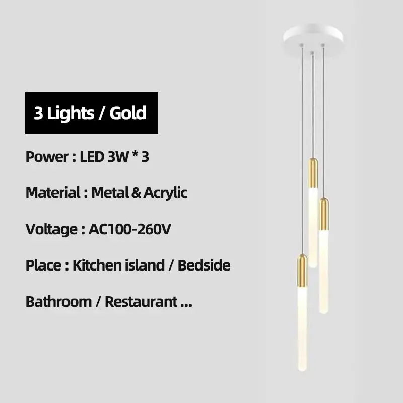 Modern decorbites luxe gold tube chandelier with three slender cylindrical shades in warm gold and translucent white finish