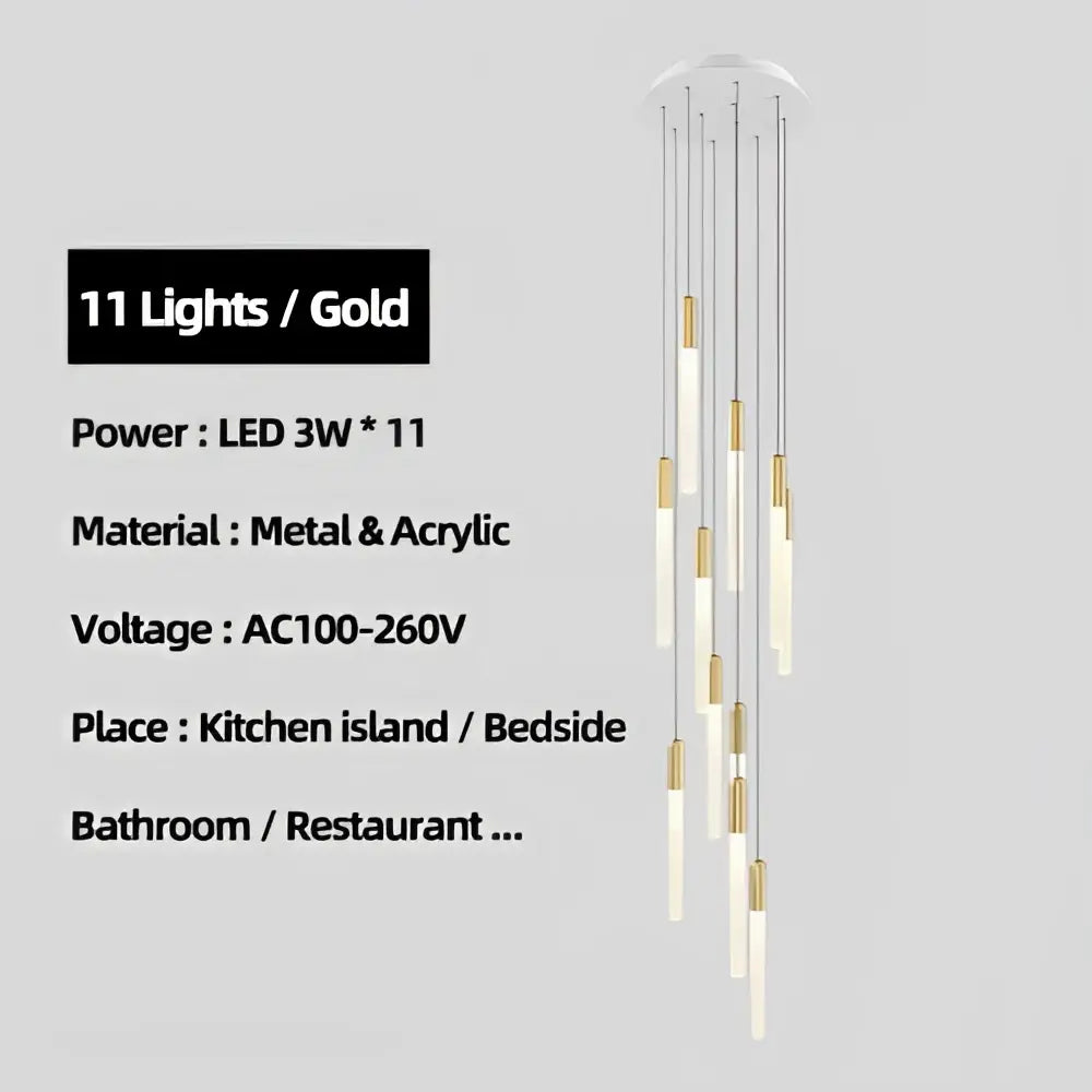 Modern decorbites luxe gold tube chandelier with 11 led lights and sleek metal acrylic rods for dining room lighting