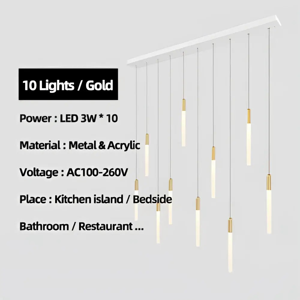 Modern decorbites luxe gold tube chandelier features a sleek acrylic and metal pendant light fixture for dining room lighting