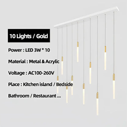Modern decorbites luxe gold tube chandelier features a sleek acrylic and metal pendant light fixture for dining room lighting