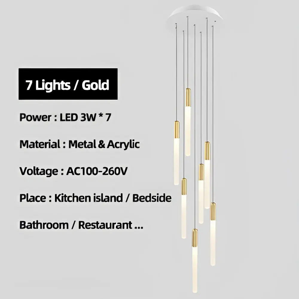 Modern decorbites luxe gold pendant chandelier with seven slender led lights and circular metal canopy for dining room lighting