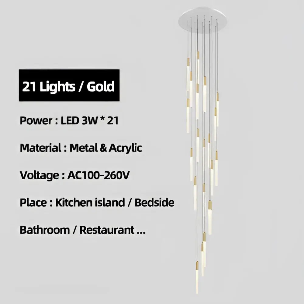 Modern decorbites luxe gold tube chandelier with 21 slender led light rods suspended from a circular metal base