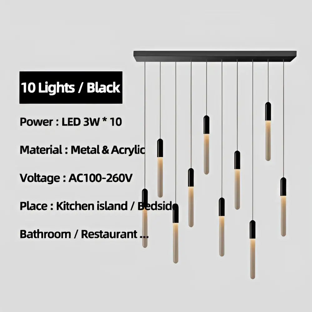 Black modern decorbites luxe gold tube pendant light fixture with ten led bulbs on a sleek metal bar for dining room lighting