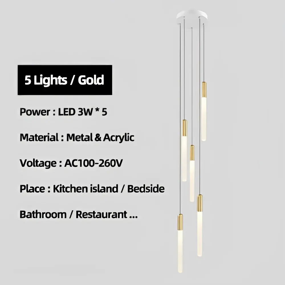 Modern decorbites luxe gold pendant light with five slim metal and acrylic tube shades for dining room lighting