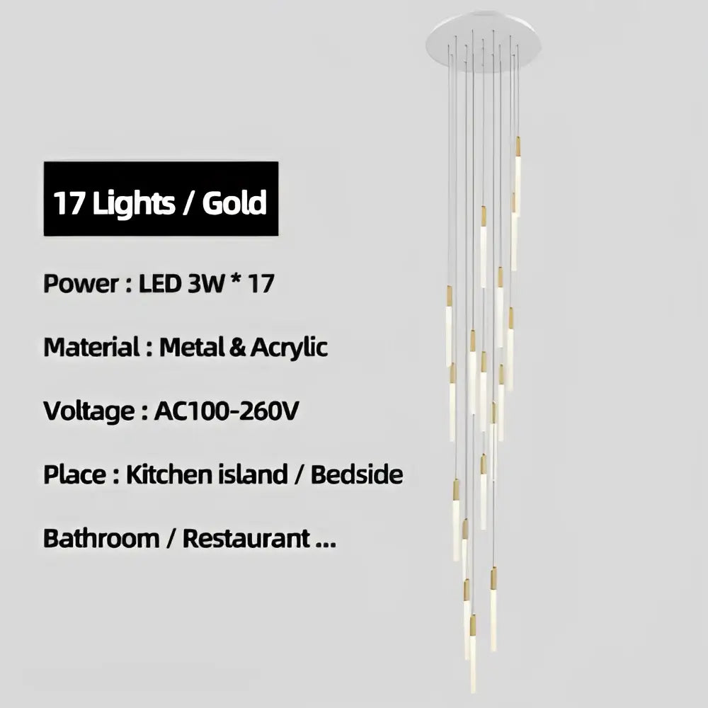 Modern decorbites luxe gold tube chandelier with 17 led lights acrylic diffusers and slender metal rods for dining room lighting