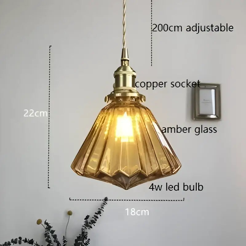 Modern diamond amber glass led pendant light with brass copper socket and adjustable chain for dining room lighting