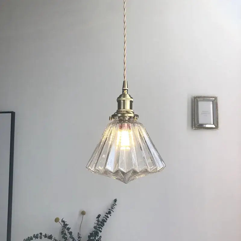 Modern diamond amber glass led pendant light with clear faceted glass and brass fixture for dining room lighting