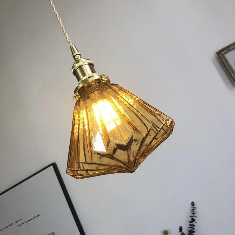 Modern diamond amber glass led pendant light with faceted amber glass and brass fixture for dining room lighting