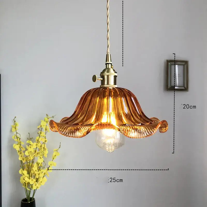 Modern diamond amber glass led pendant light with amber-colored hand-blown glass and brass fixture for dining room