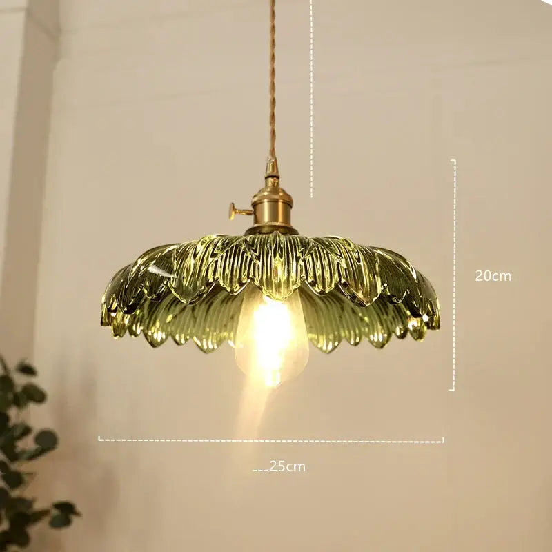 Modern diamond amber glass led pendant light featuring a delicate green leafy glass design with brass hardware for dining rooms