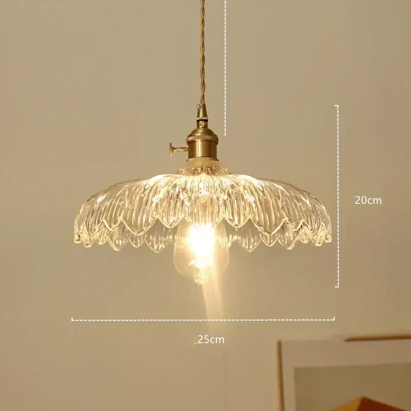 Modern diamond amber glass led pendant light with clear petal-ridged shade and brass finish, ideal for dining rooms