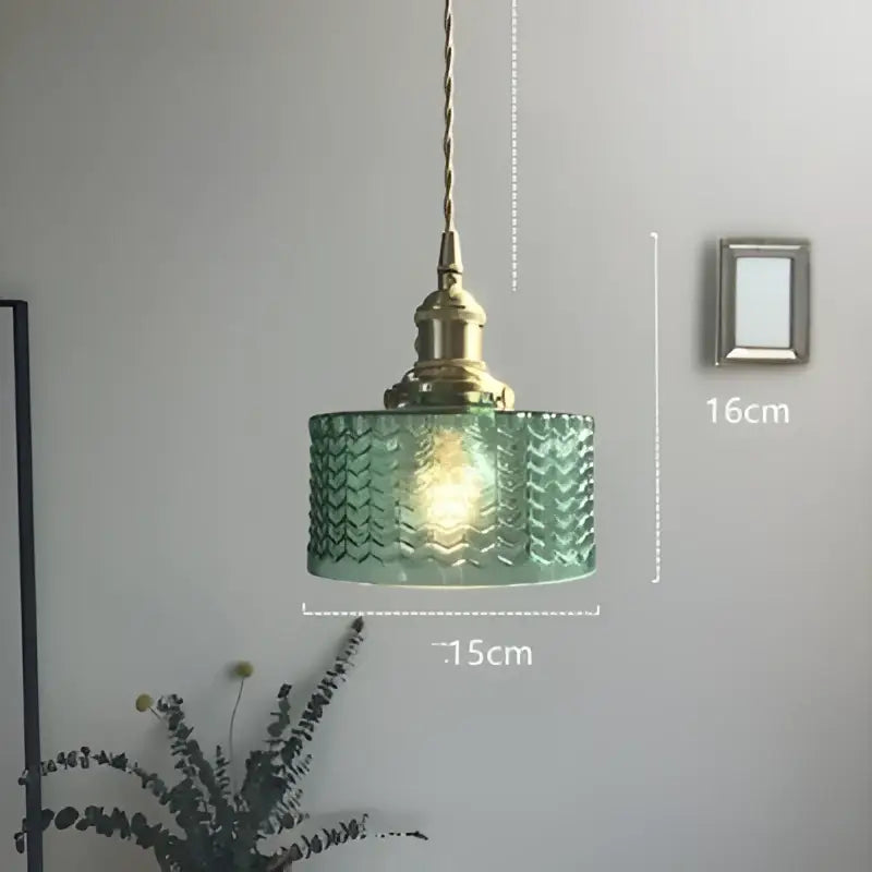 Modern diamond amber glass led pendant lights with textured translucent green glass shade and antique brass fixture for dining room
